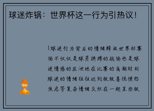球迷炸锅：世界杯这一行为引热议！