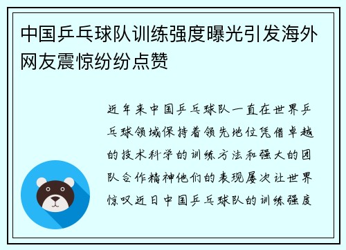 中国乒乓球队训练强度曝光引发海外网友震惊纷纷点赞